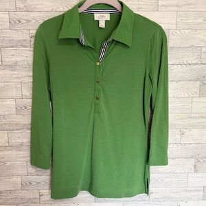 Loft‎ Green Polo w/Striped Blue Contrast Collar Lining Gold Buttons Size-Small